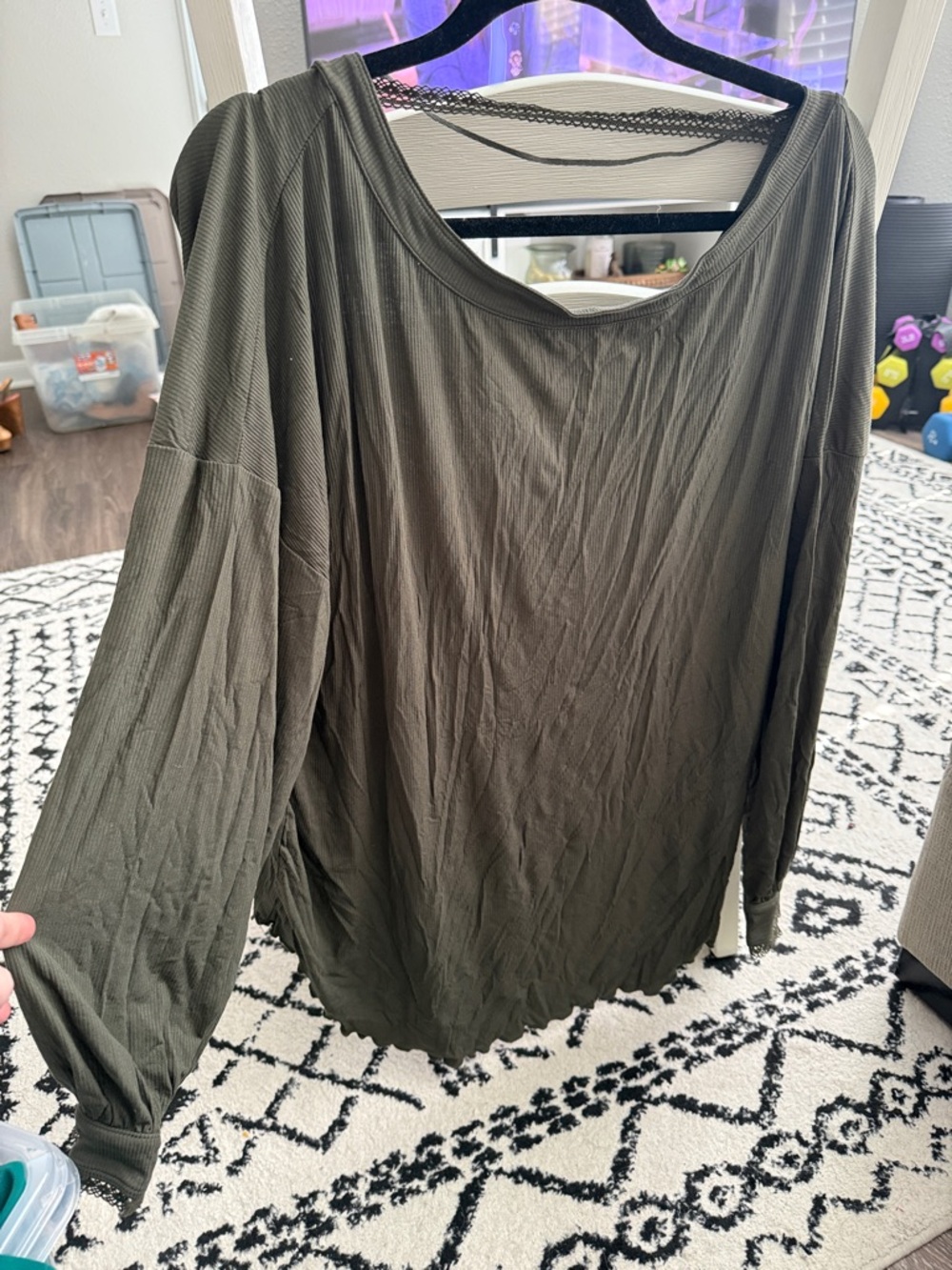 Free People Olive Green Long Sleeve Ribbed Scoop Neck Top